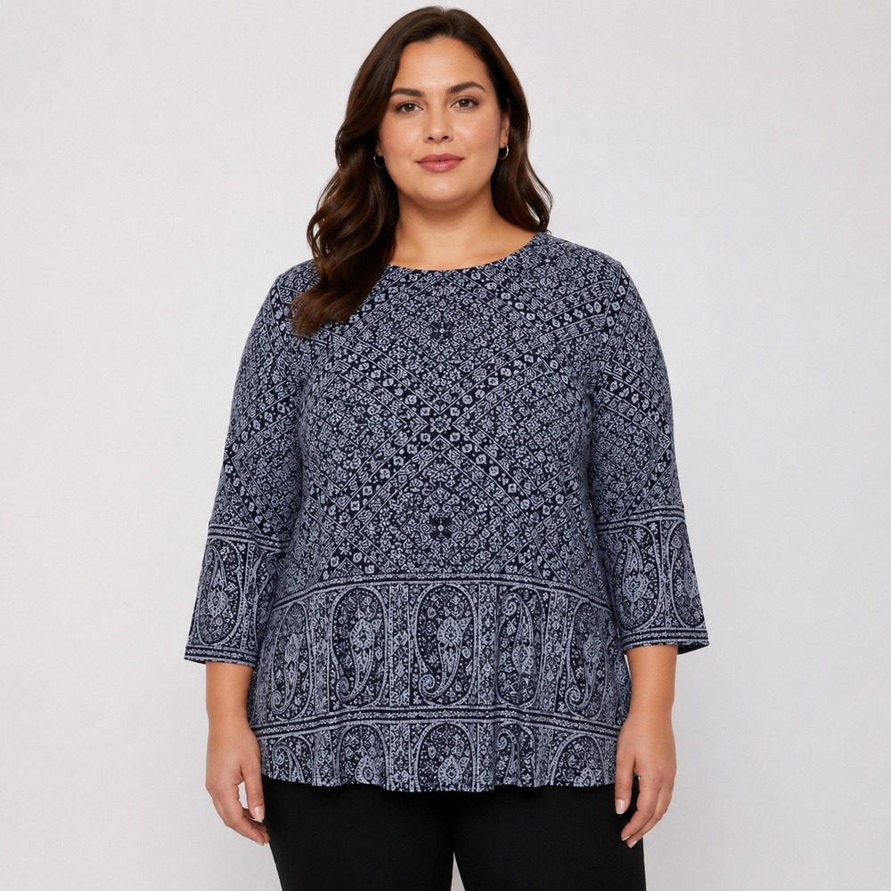 Lucky Brand Women 1X Blue‎ Paisley Medallion Print 3/4 Sleeve Cotton Modal Top